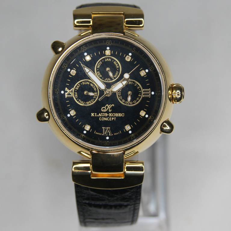 Gents Gold Plated Klaus Kobec CP2 Swiss S/Steel Quartz Day/Date Black Face Watch