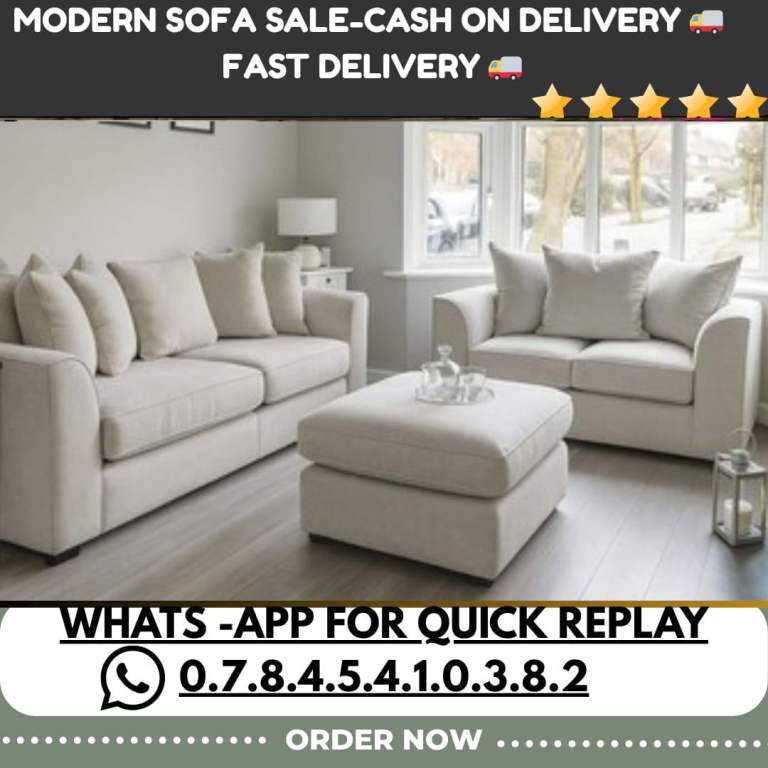 Modern Cream Fabric Sofa Set with Ottoman – 3-Seater and 2-Seater