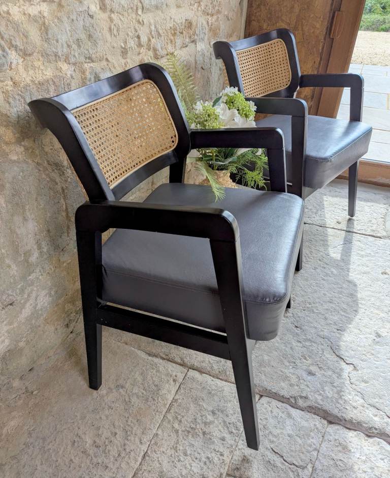 Pair Rattan Back Black Carver Dining Chairs - Occasional Armchairs Cafe Chairs