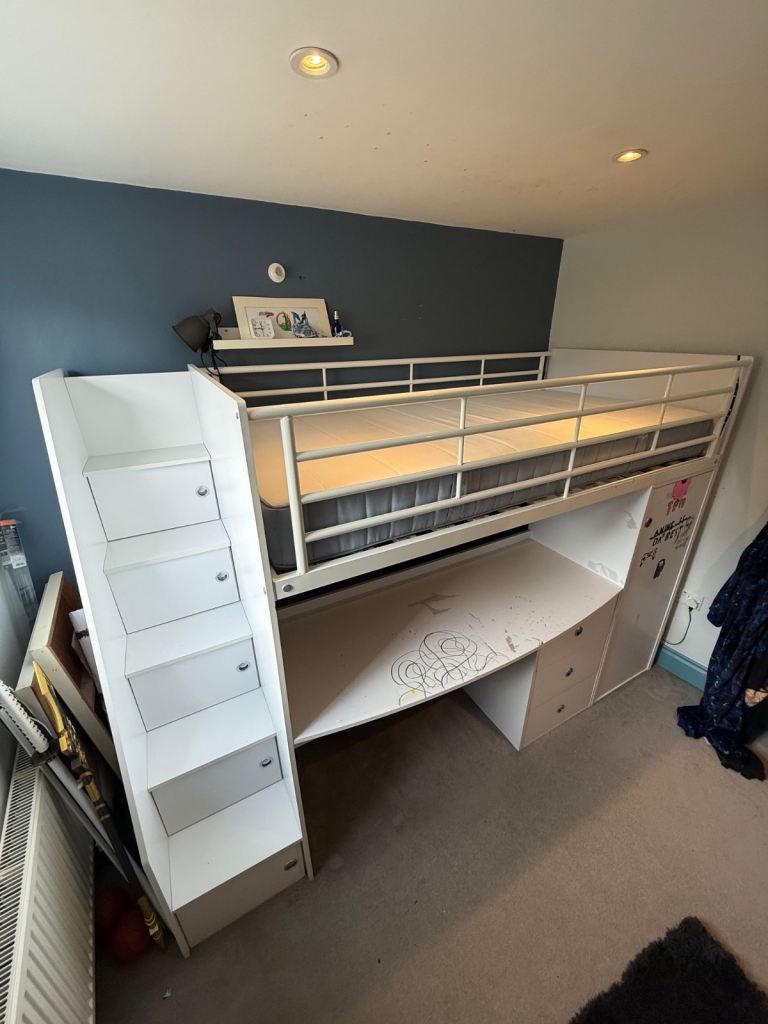 Free single bed with built in storage, cupboard and desk