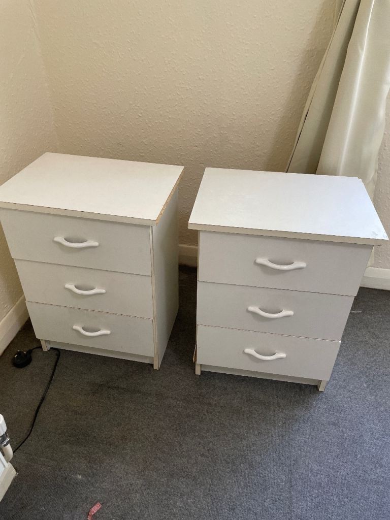 Pair of White 3-Drawer Bedside Tables
