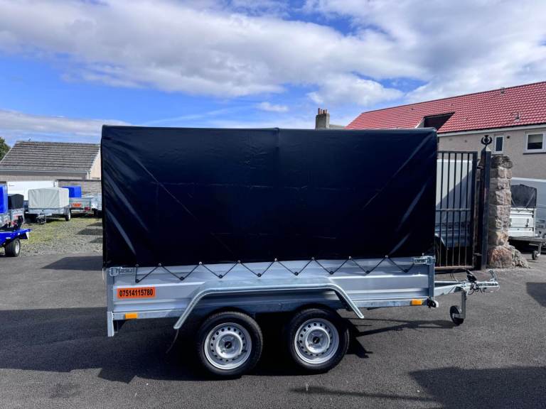 BRAND NEW 8,7ft x 4,2ft TWIN AXLE TRAILER WITH 150CM FRAME COVER AND RAMP 7500KG UN BARKED