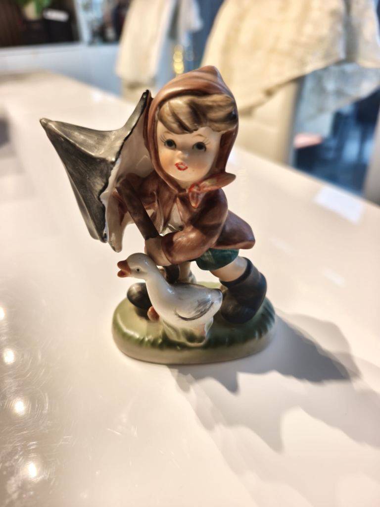 Vintage Ceramic Figurine Boy with Umbrella and Goose
