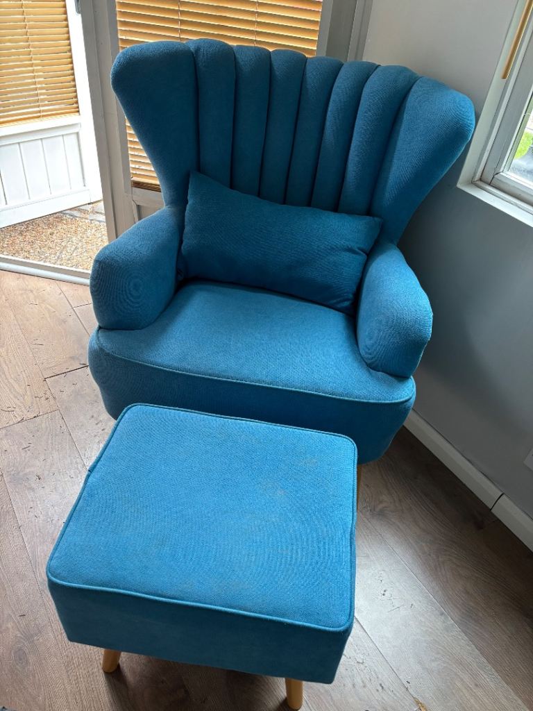 2x Blue Armchairs and Footstool Set – Good Condition