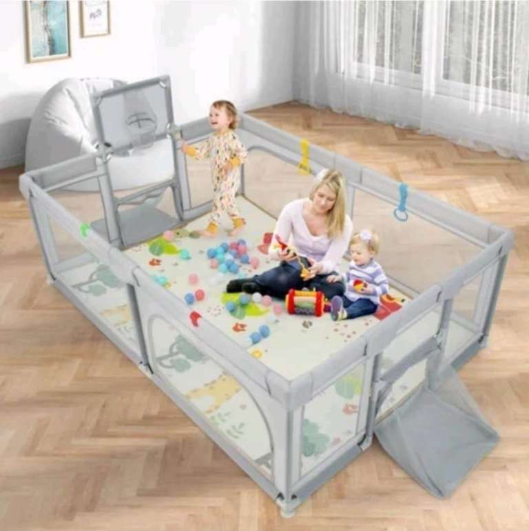 COSTWAY Large Baby Playpen Safe Play Yard w/ Basketball Hoop & Mat-Light Gray
