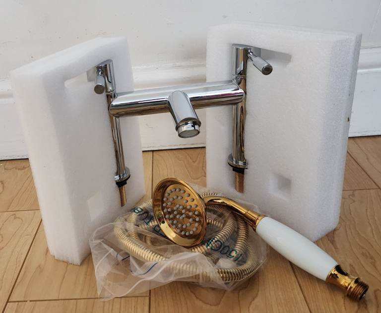 New Chrome Bath Mixer Tap with Gold Shower Head