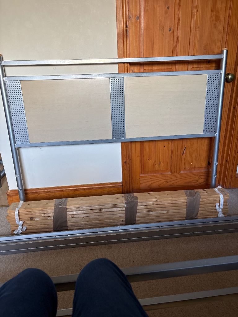 Double Bed Headboard and Slats – Silver Metal and Wood