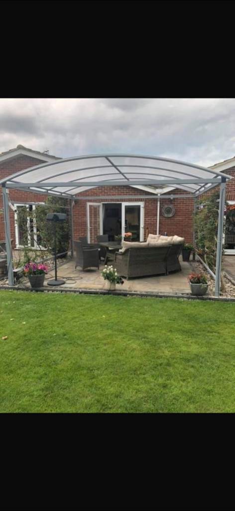 Large Garden Patio Gazebo/Awning - Grey Metal Frame, Good Condition