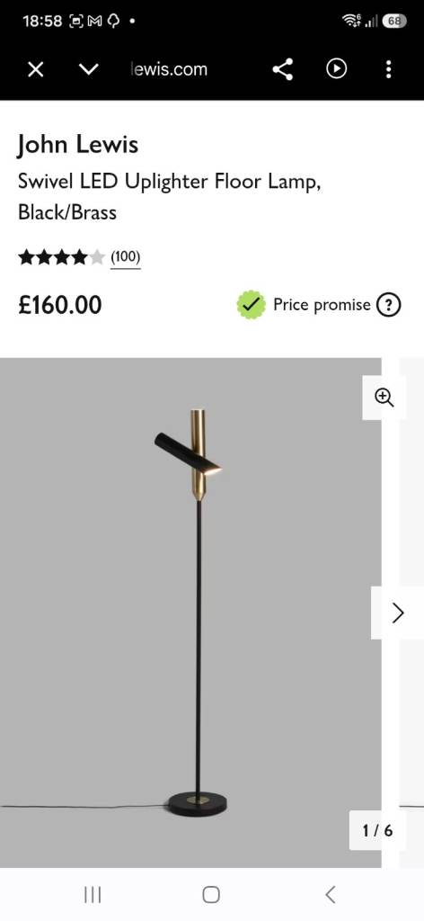 John Lewis Swivel LED Uplighter Floor Lamp, Black/Brass — Barely Used, Like New 