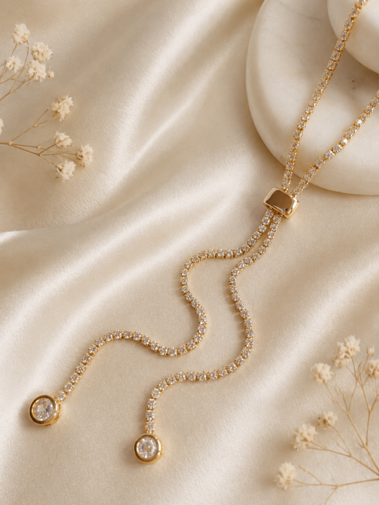Lariat CZ Necklace Tennis Chain 14K Gold Plated Minimalist Jewellery Gift for Her Everyday Trendy UK
