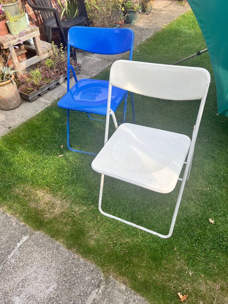 image for Pair of ted ikea folding chairs with addidas printed on the back in blue and white