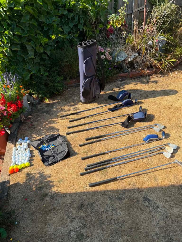  Set of Slazenger Firestone Golf Clubs with Bag, Balls, and Tees – Good Condition