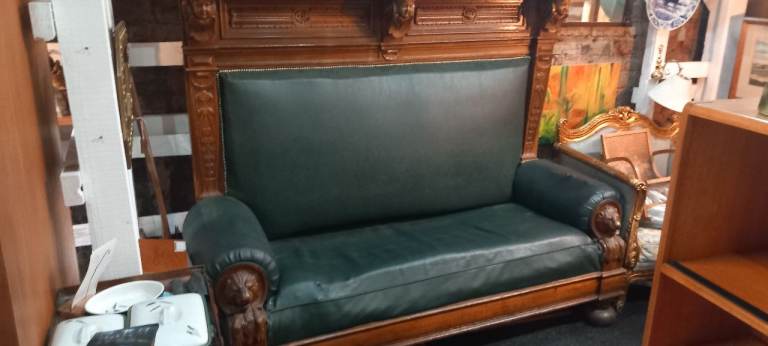 Antique Wooden Sofa with Green Upholstery