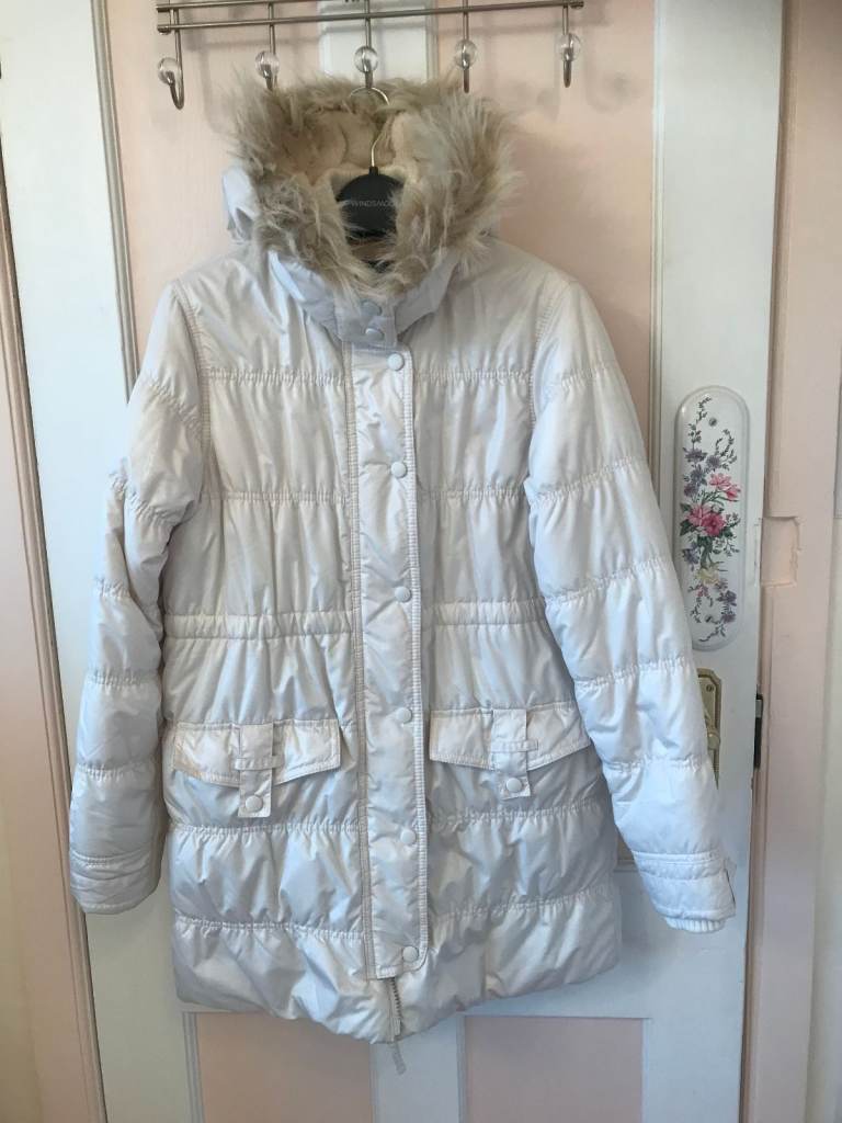 New - Girl faux fur hooded coat, Ivory, 13 - 14 years old