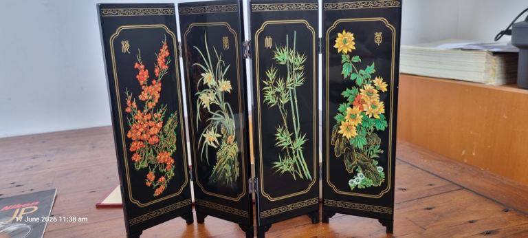 Decorative Black Oriental Screen with Floral Design