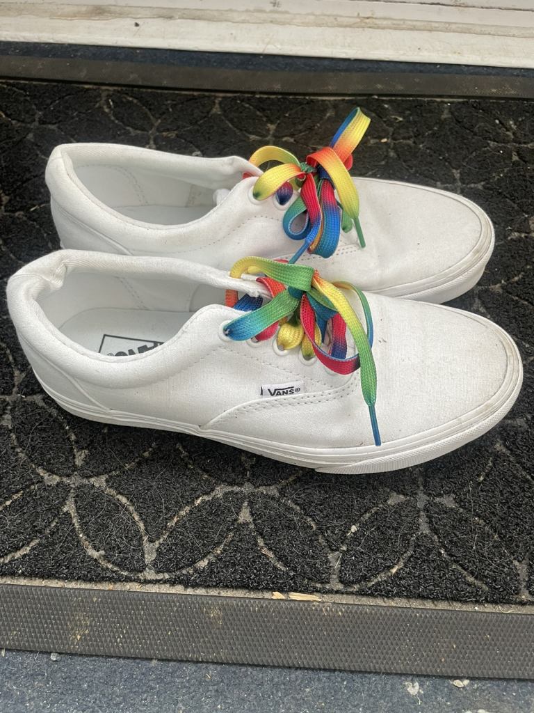 White vans with rainbow laces