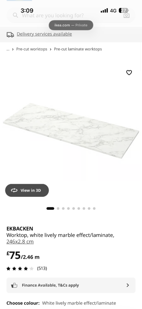 EKBACKEN White Lively Marble Effect Laminate Worktop - 246cm