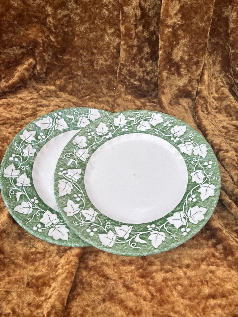 Pair of Green Leaf Pattern Glass Dinner Plates