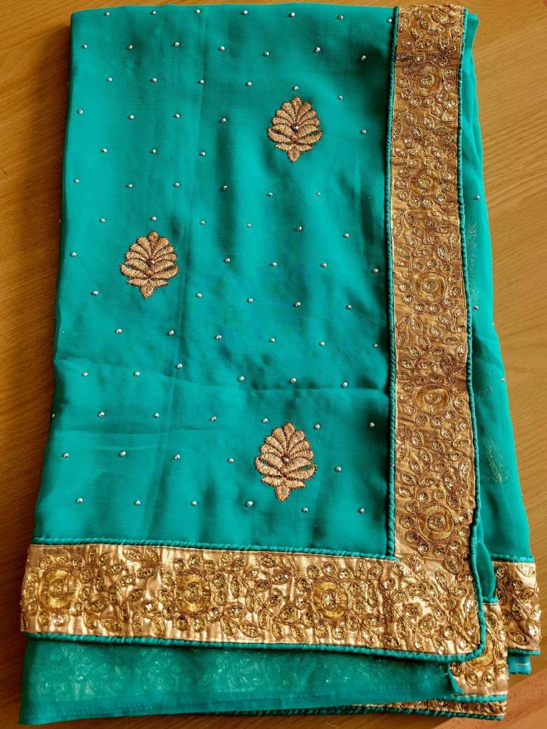 Turquoise Garba Saree with stitched Blouse. L / 12·New without tags