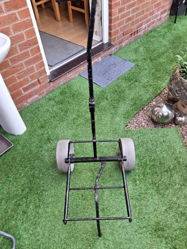 Used Black Metal Fishing Trolley with Sturdy Wheels, Folds Down