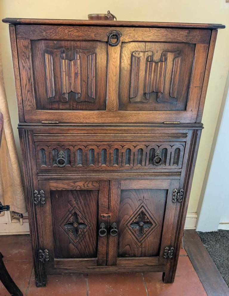 Solid Oak Cocktail Cabinet with original juicer and cocktail sticks in situ