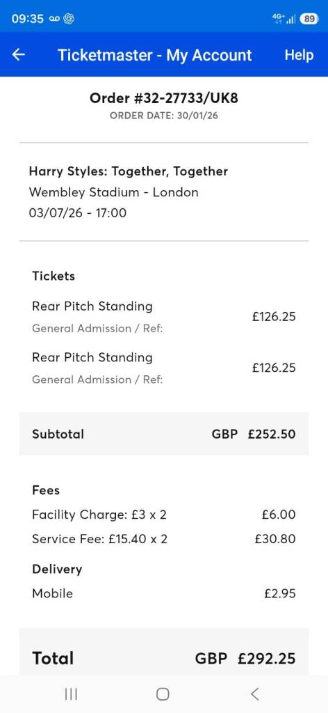 2 Harry Styles Wembley Stadium Standing Tickets - July 2026