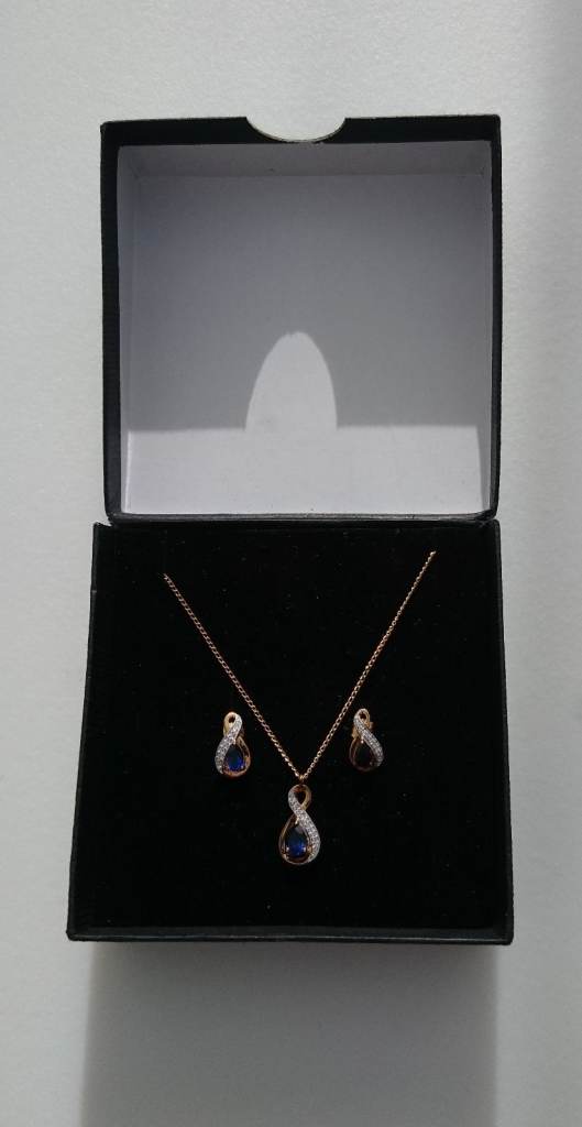 Blue & White Stone Pendant Necklace & Earrings In 18ct Gold Plated Silver 