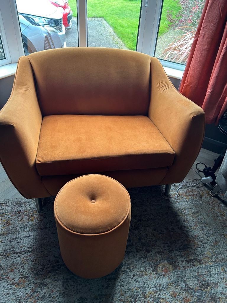 Velour orange love seat and foot stool 
