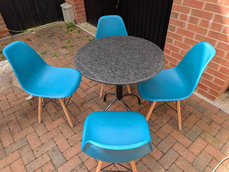 Stylish Bistro Set: John Lewis Granite Table & 4 Blue Eames-Style Chairs