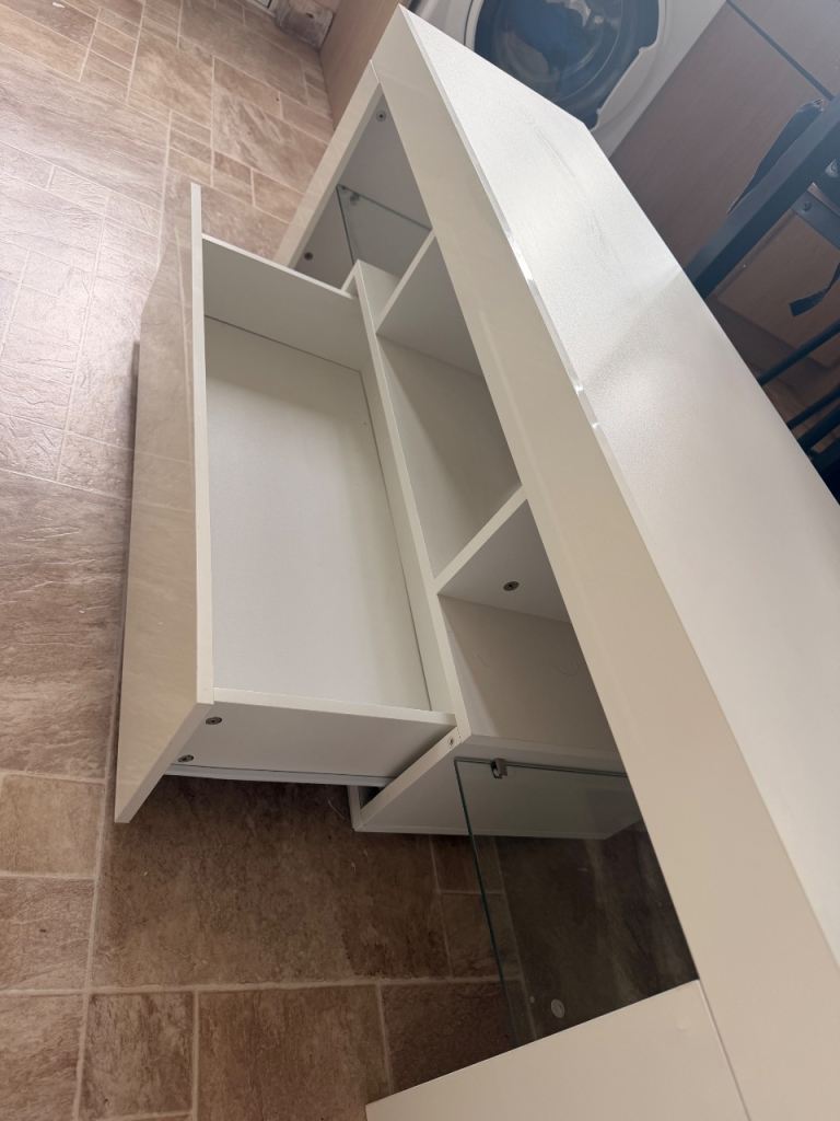 White High Gloss TV Unit/Desk with Drawer and Shelves