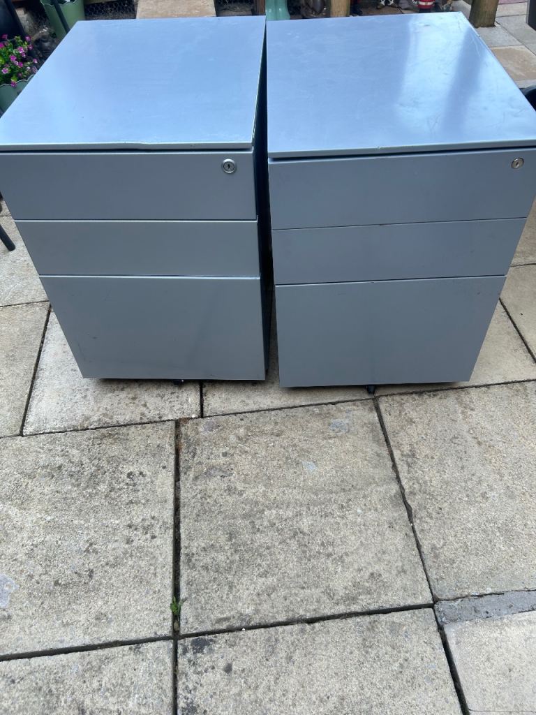 Two Grey Metal Office Filing Cabinets with Drawers