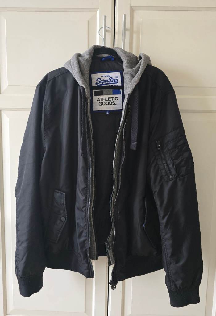 Superdry 3XL Black Nylon Bomber Jacket with Removable Hood (Used)