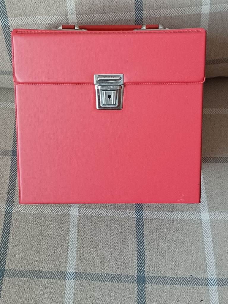 Red vintage single (45 rpm) record storage box