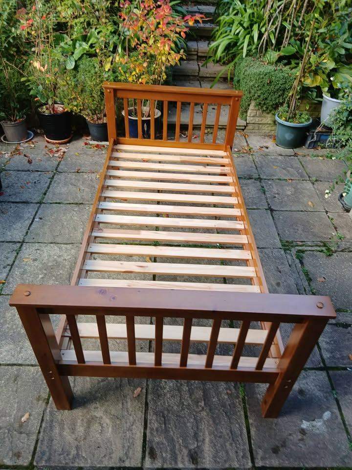Single bed frame, solid pine wood, and unused mattress together, all complete, vgc