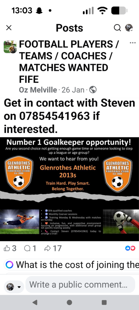 Looking for goalkeeper 2013 Glenrothes Athletic FC