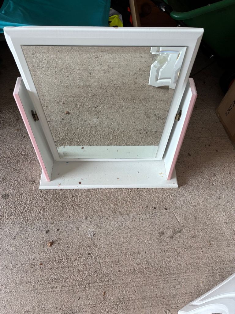 White Adjustable Mirror with Small Shelf – Fair Condition