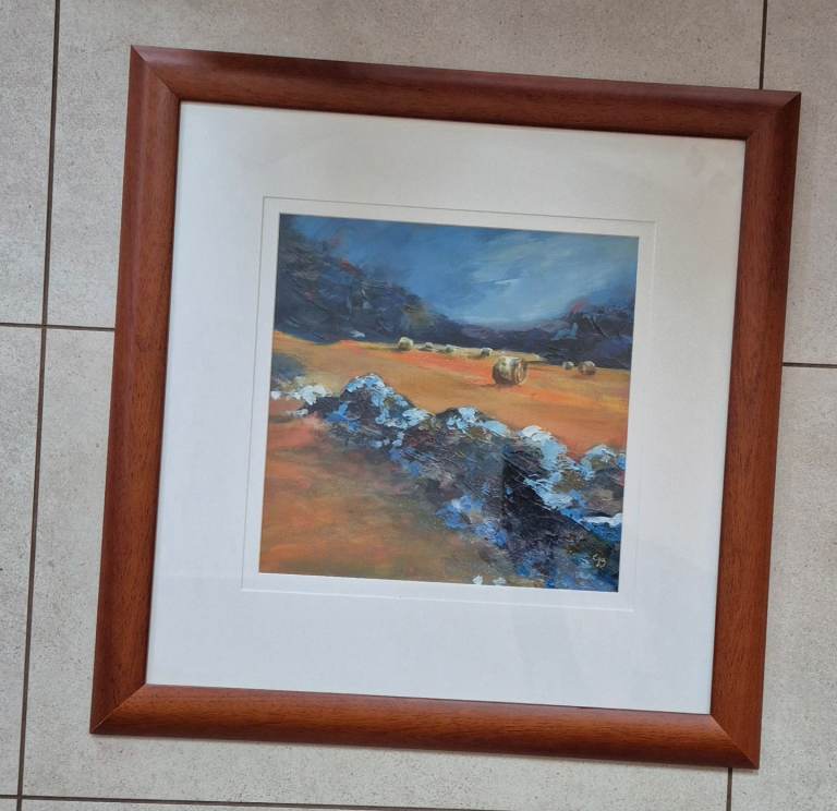 Framed acrylic painting "Come Bale Some Hay" by Carol Baker