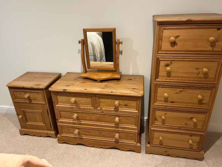 Pine Bedroom Furniture Set - Chest of Drawers, Bedside Table, Dressing Table with Mirror