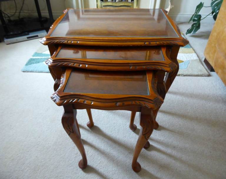 Vintage Walnut Nest of Tables with Glass Tops & Queen Anne Style Legs - FOR COLLECTION ONLY