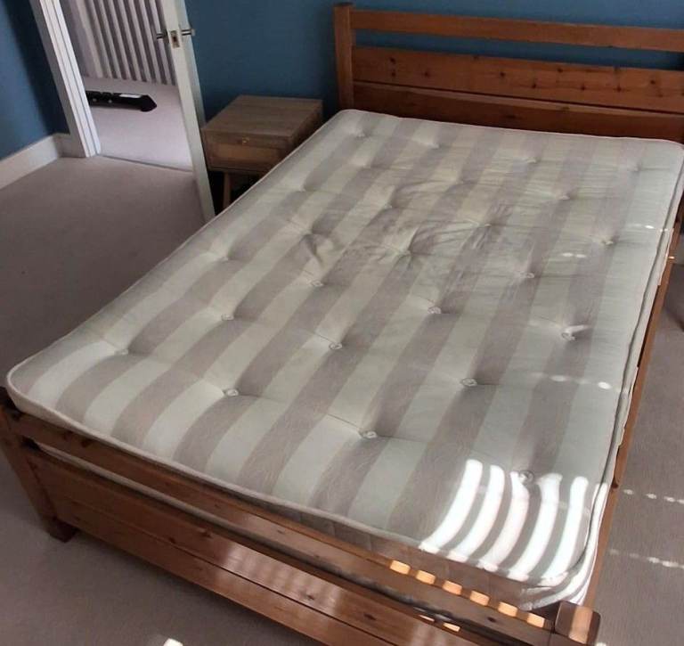 Pine double bed frame with mattress