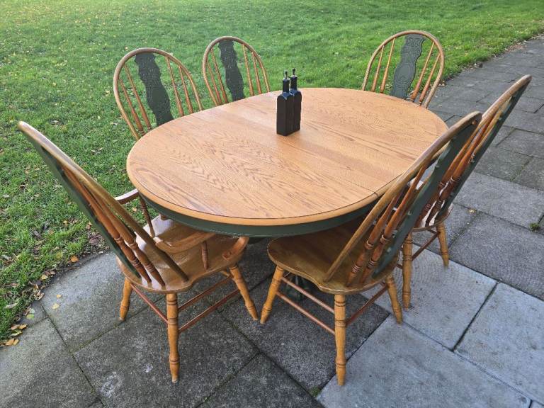 REFURBISHED Extending Oval Dining Table + 6 Chairs Forest Green Farmhouse - LOCAL DELIVERY
