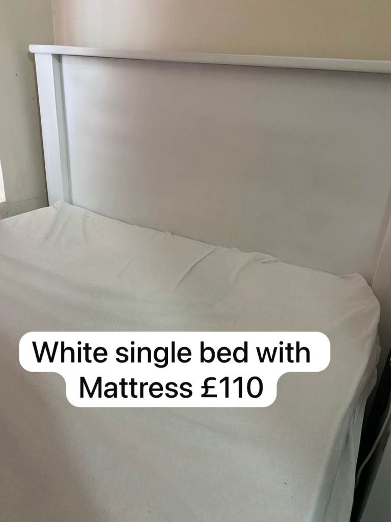 White single bed with mattress 
