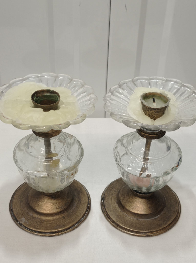 Clear Glass Flower Shape Candle Holder with Metal Pedestal 
