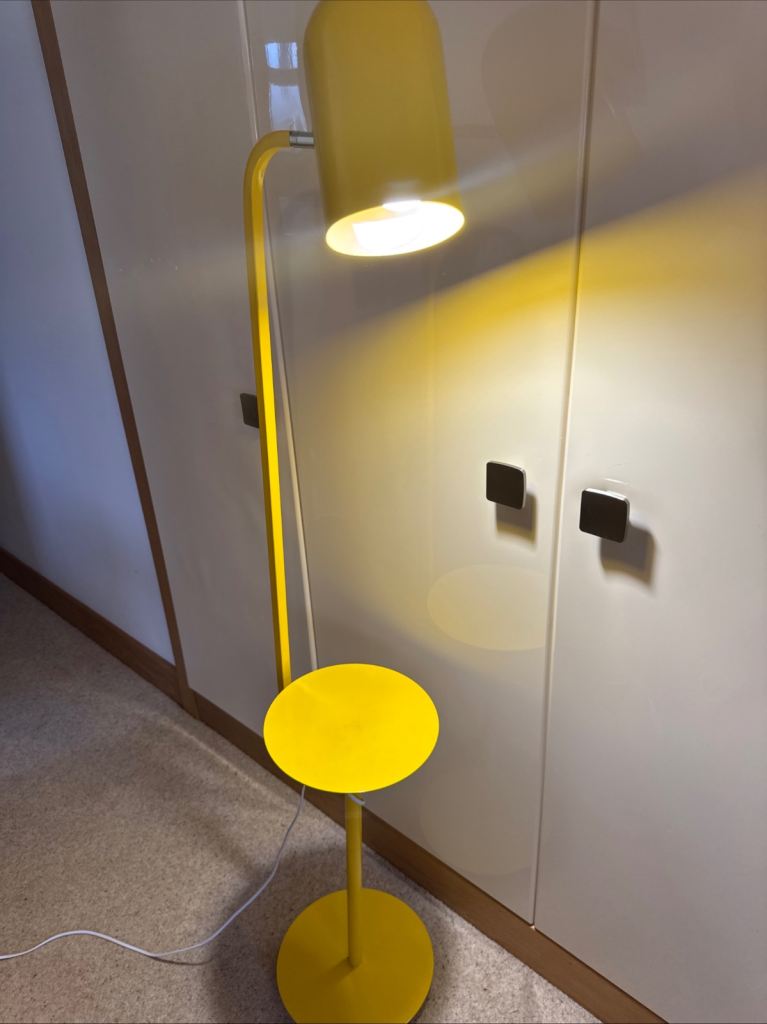 Yellow Metal Floor Lamp with Bell Shaped Angle-poise Lamp And Shelf