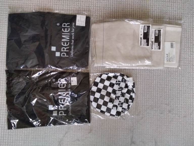 JOB LOT, PREMIER BRAND NEW SEALED CHEF TROUSERS, APRON, SKULL CAP, OVEN CLOTHS