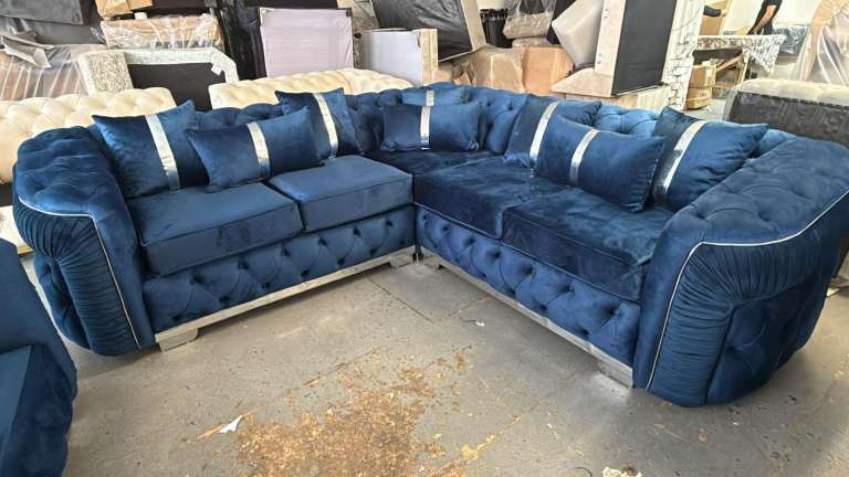 Brand New Blue Velvet Corner Sofa with Cushions