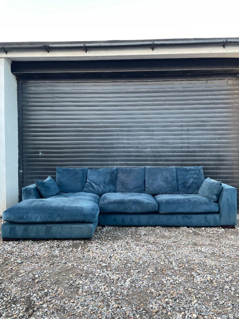 Large blue velvet DFS L shaped corner sofa - DELIVERY AVAILABLE!