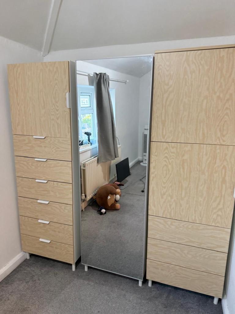 Ikea Light Wood Wardrobe with Mirror and Drawers – Good Condition