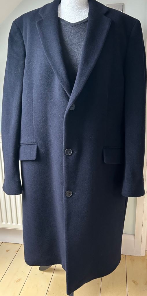Men’s M & S Autograph Formal Wool Cashmere Navy Blue Over Coat 47-49” Chest New