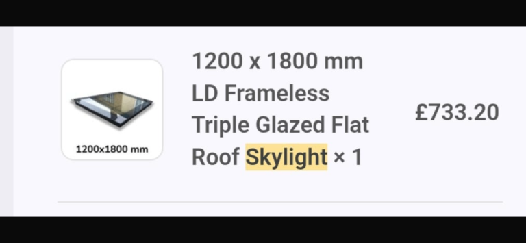 1200 x 1800 LD frameless triple glazed flat roof skylight new 